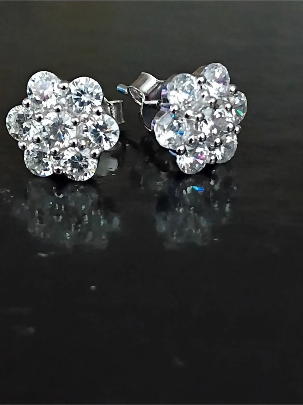 Sterling Silver White Crystal Flower Cluster Stud Earrings